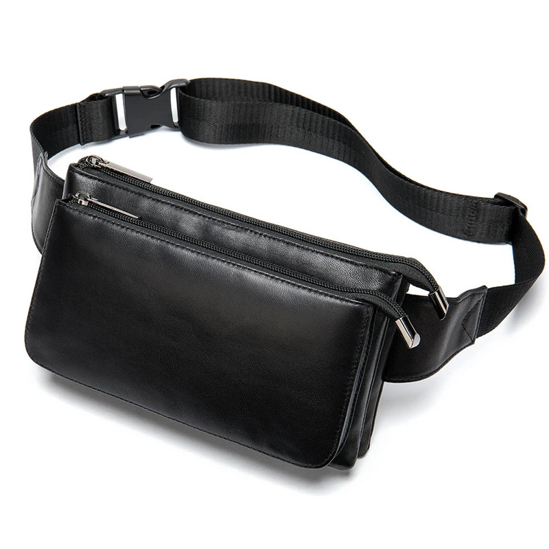 

Genuine Leather Men Waist Pack Casual Multi-functions Fanny Pack Belt Bag Male Travel Phone Pouch Shoulder Bag Black Flap