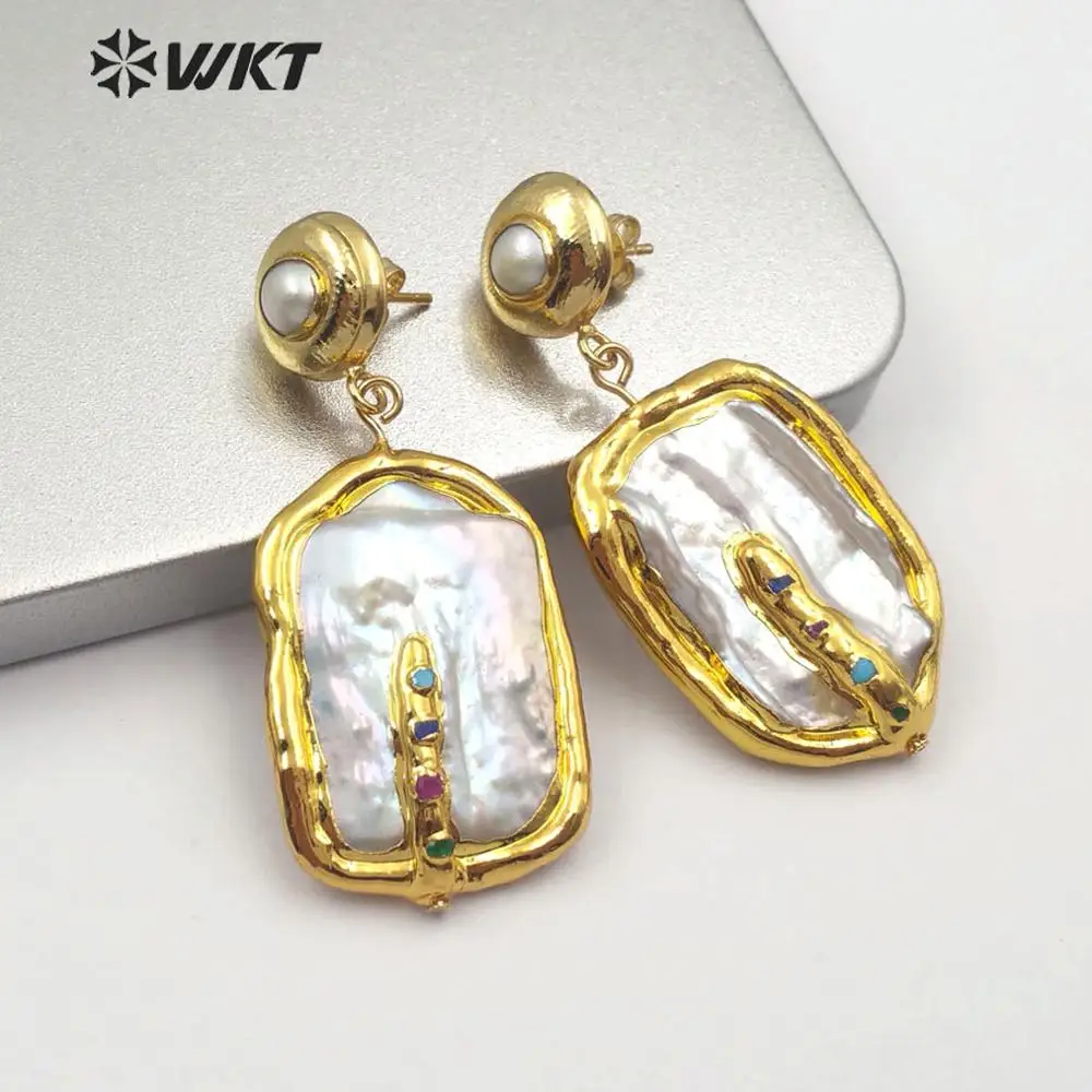WT-E574 цена красочный камень инкрустированный с жемчугом серьги белый жемчуг круглый квадратный неправильной формы золотые ювелирные серьги