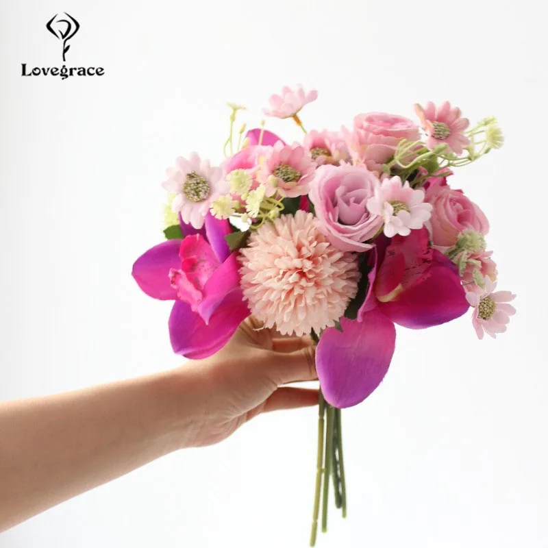 Pink Свадебный букет Lovegrace для подружек невесты, искусственный Орхидея, украшение дома, свадебные цветы, шелковые розы, свадебные букеты - Цвет: Pink