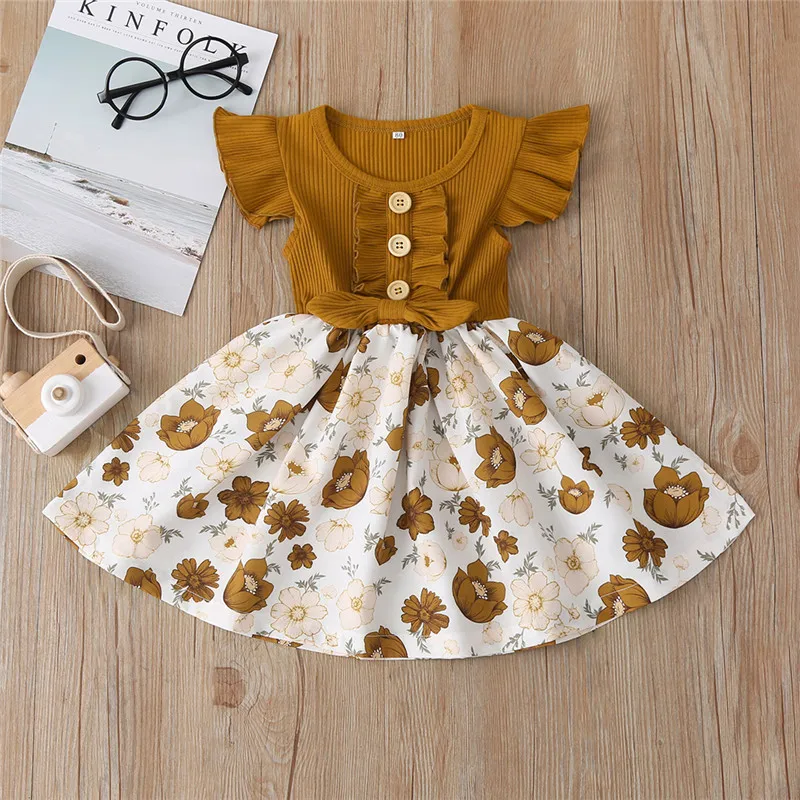 

2020 New Hot Sale Fashion Infant Newborn Baby Girl Clothes fly sleeve solid color flower dress Outfits clothing set wholesale
