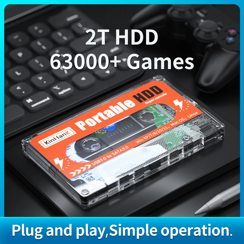 Портативный внешний корпус для жесткого диска с 2T HDD встроенные 63000 + игр PS3/PS2/PS1/SS