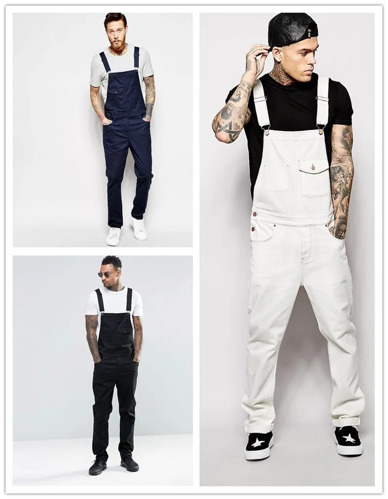 

New Denim White Overalls Slim Men's Trousers New Europe and America Bib Men Spring and Autumn Casual Solid Color Mens Jeans