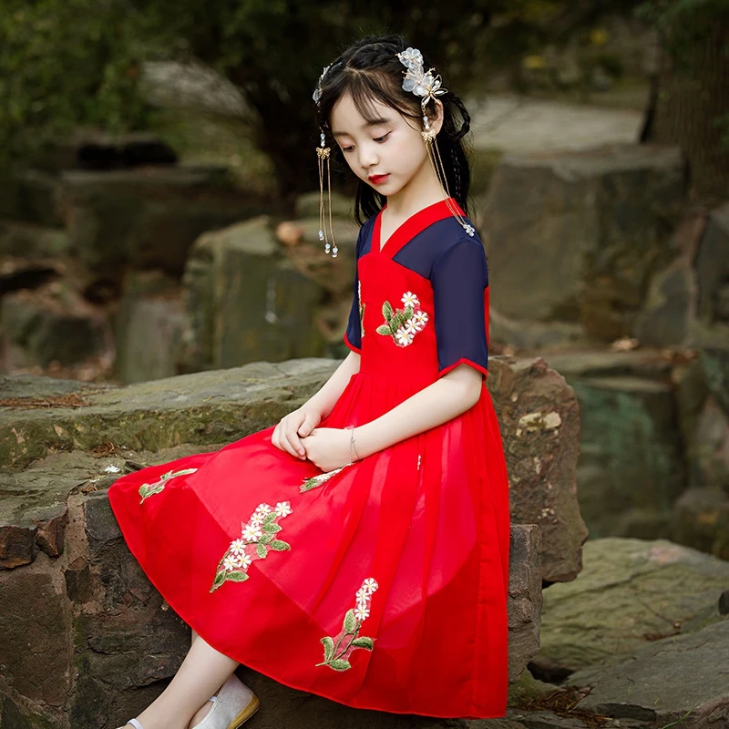 Hanfu/красное шифоновое летнее платье для девочек; оригинальное улучшенное платье для девочек в стиле ретро и китайском стиле; осеннее платье для фотосессии в национальном стиле