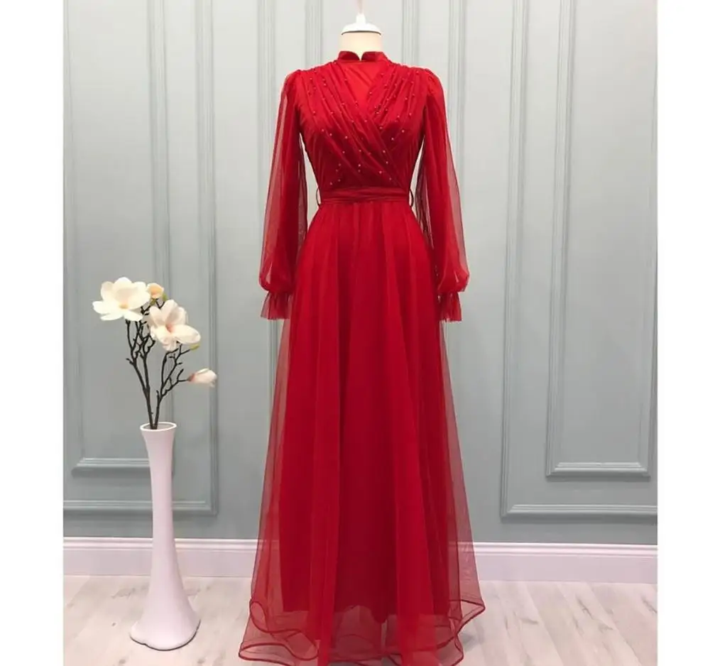 

2020 Long Sleeve Evening Dress Muslim Red Tulle Women Party Dresses Dubai In Turkey High Neck With Pearl Special Occasion Gowns