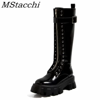 

Mstacchi Street Metal Decoration Cow Leather Women High Boots 2020 New Design Solid Color Fashion Cool Madam Shoes Laarzen Dames