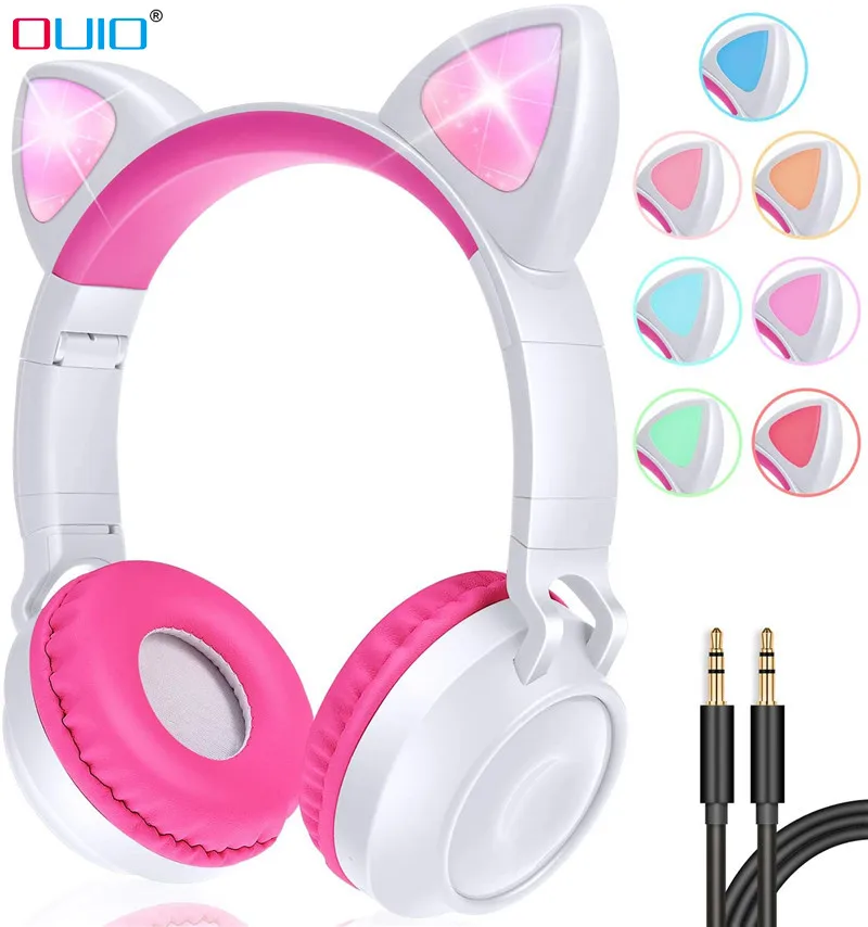 OUIO ZW 028 Cat Ear Headset Stereo Bass Wireless Earphone Cute Kids Bluetooth 5 0 Headphone LED Light HiFi Headphones With Mic