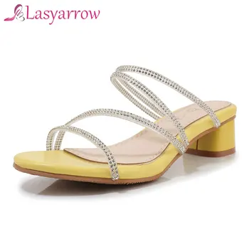 

Lasyarrow 2020 Sequins Crystal PU Leather Summer Sandals Square Heel Slip on Women Shoes Open-toed Slingback Ladies Pumps