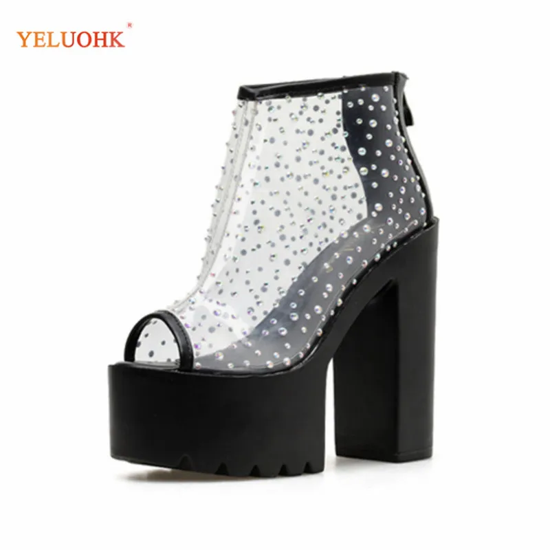 

5cm Platform Boots Peep Toe Women 14cm High Heel Boots Transparent Pu Pumps Back Zipper 34-39 White and Black