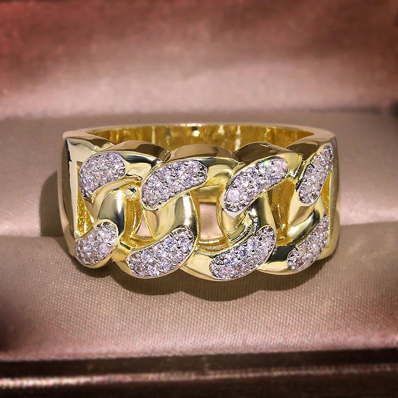 

Gold Hip Hop Big Bling Chian Ring with Zircon Stone for man Women Fashion Jewelry Wedding Engagement Ring 925
