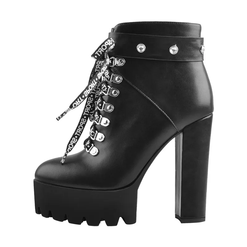 Onlymaker/ г. Женские черные ботильоны на шнуровке на высоком каблуке 13-14 см ботинки на платформе с круглым носком размера плюс
