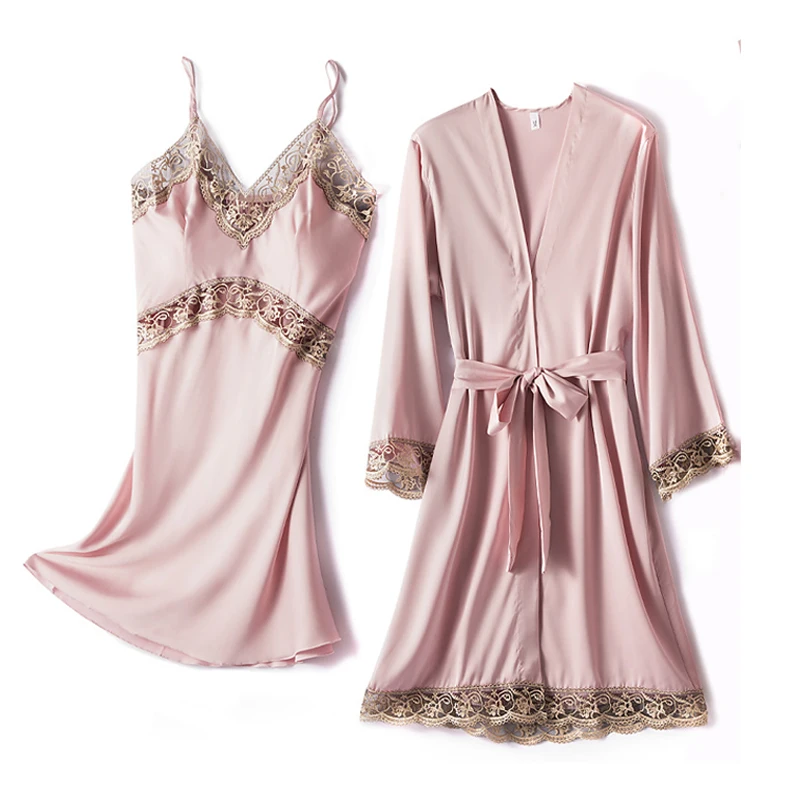 Sleepwear Women Robe Sets Lace Nightdress Kimono Bathrobe Bride Wedding Pajamas Lace Trim Women's Dress Casual Home Clothes 2021