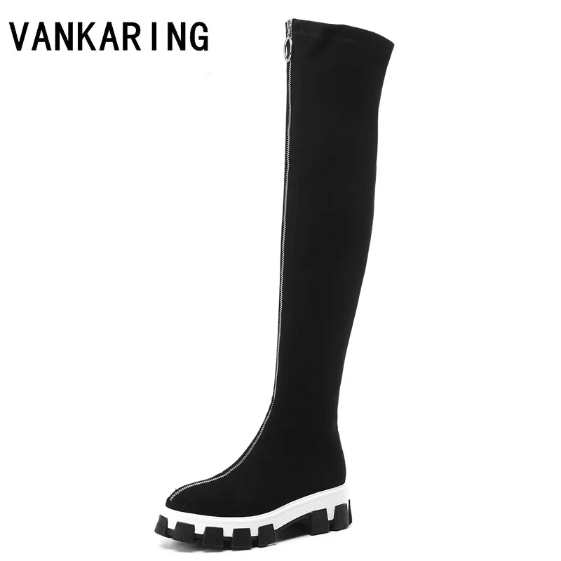 

new front zipper flock over the knee high boots for women black riding autumn winter snow boots platform woman shoes botas mujer