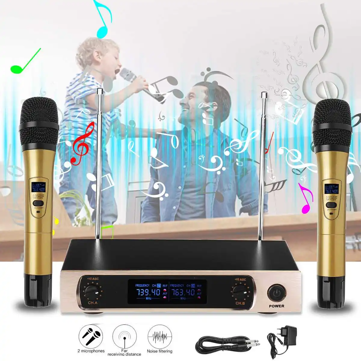 

220V Dual Handheld VHF 2 Channel Professional Wireless Microphones Cordless System For Karaoke KTV Party Speech