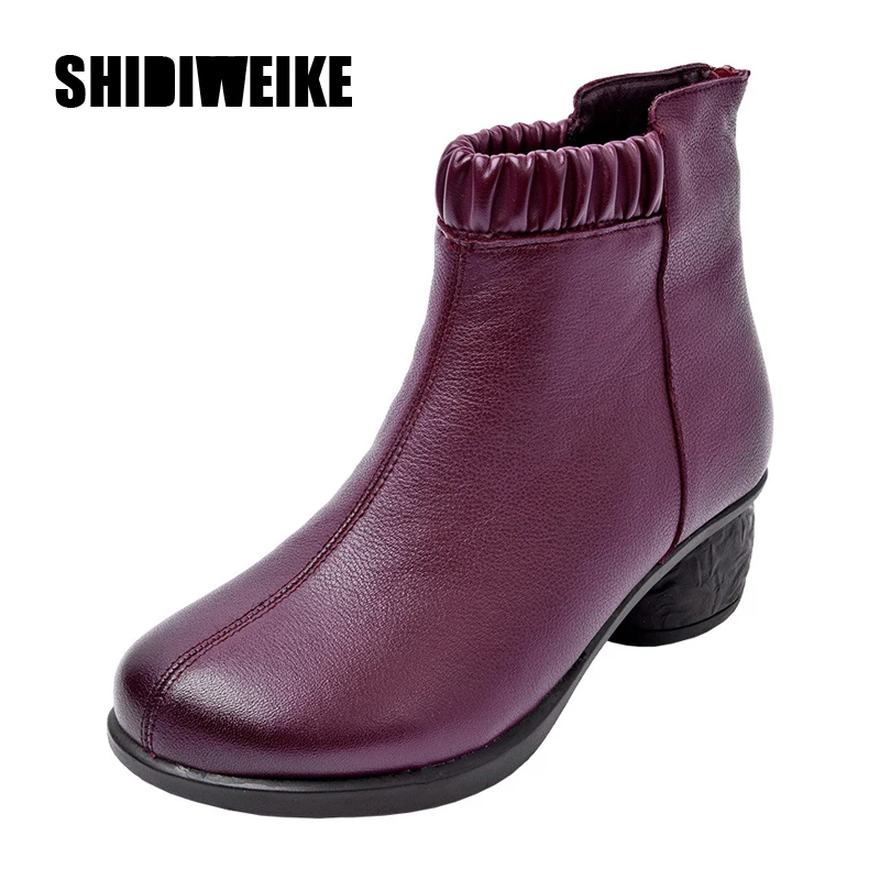 

2019New fashion winter female genuine leather Round high heel boots plush zipper Ankle Boots mother cotton shoes J860