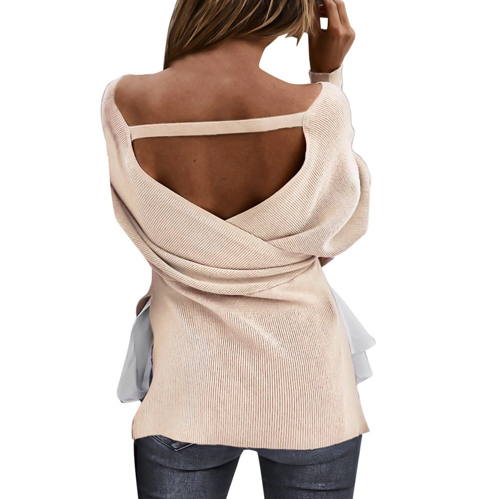 Women Blouse Deep V Neck Long Sleeve Patchwork Irregular Blouse Backless Knit Ladies Shirt Female Clothing 2