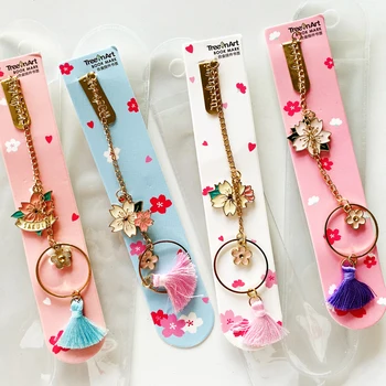 

1PC Kawaii Flower Sakura with Tassel Metal Chain Pendant Bookmark Marker of Page School Office Supply Student Stationery Gifts