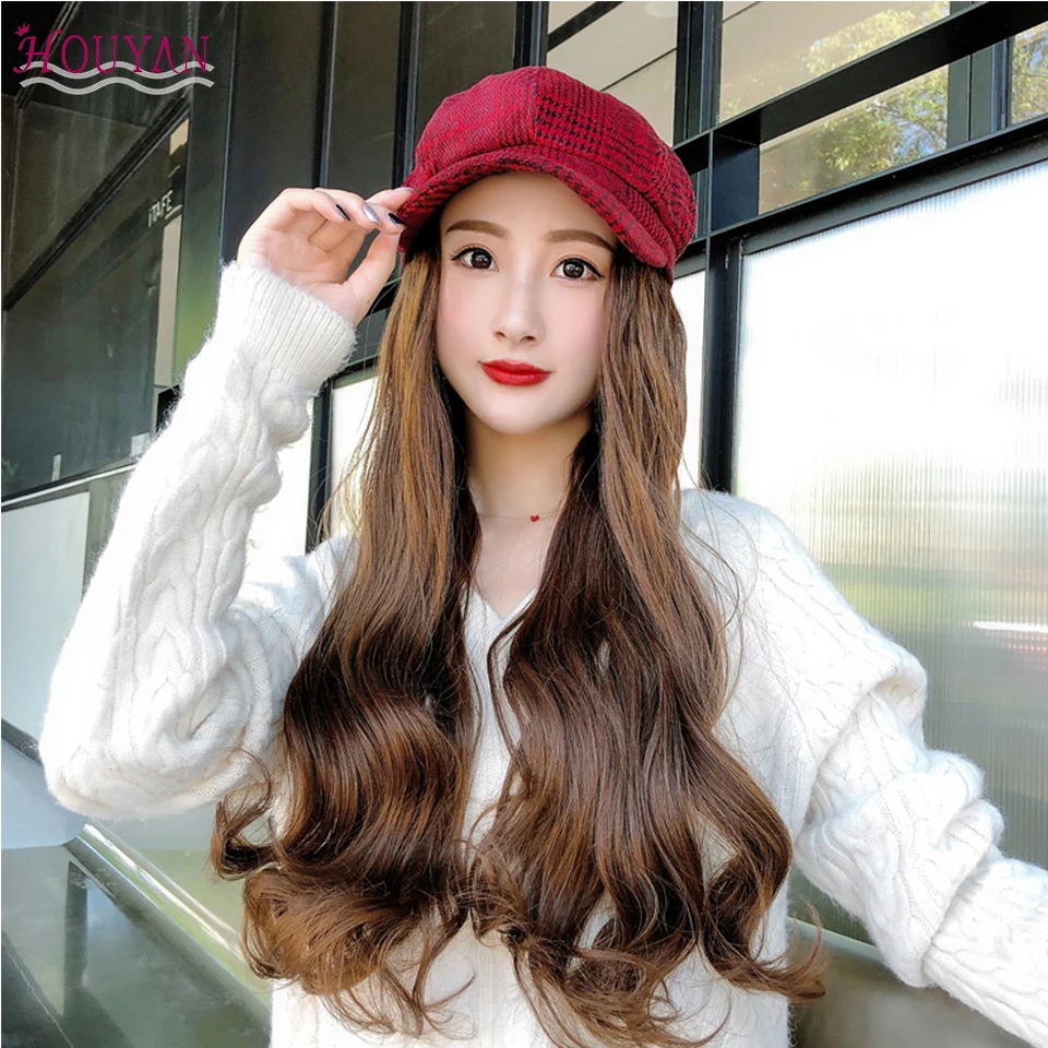 

HOUYAN Hair high temperature synthetic wig heat-resistant black women's wig with beret synthetic wavy long curly beret wig
