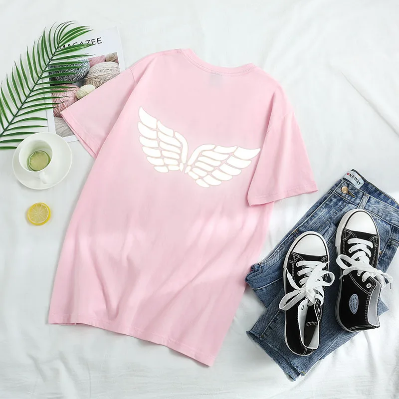 Легкая Светоотражающая футболка с крыльями ангела женские Забавные футболки из хлопка плюс размер летний топ черный красный camisas mujer одежда для пар - Цвет: pink