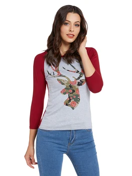 

2019 new shirt loose new women's Christmas elk print stitching T-shirt top
