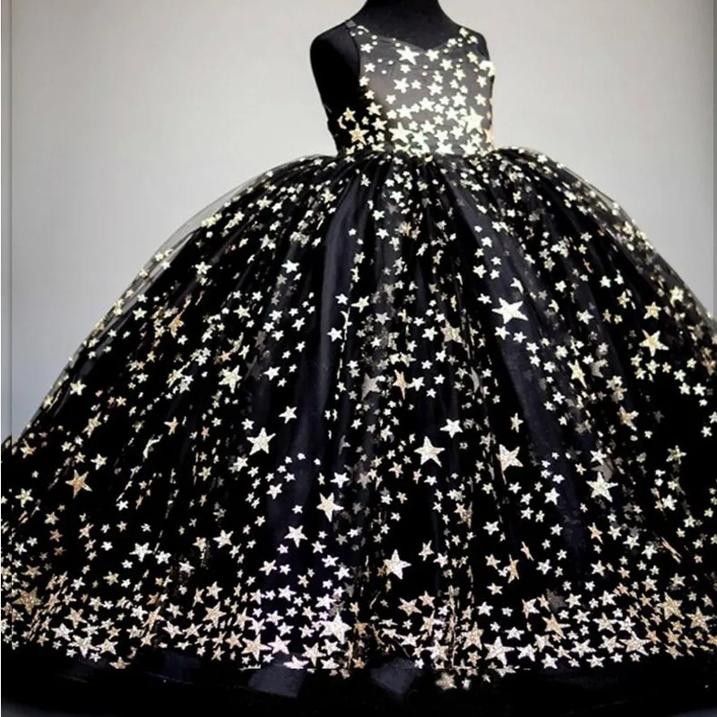 

New Arrival Black Star Pattern Tulle Princess Custom Made Flower Girl Dress Party Girl First Communion Gown