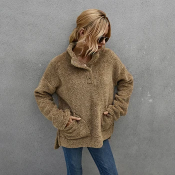 

2020 Winter Autumn Women's Plush Pullover Long Sleeved Stand-up Collar Thick Shirts For Female Pocket Split Tops Tee Sweatshirt