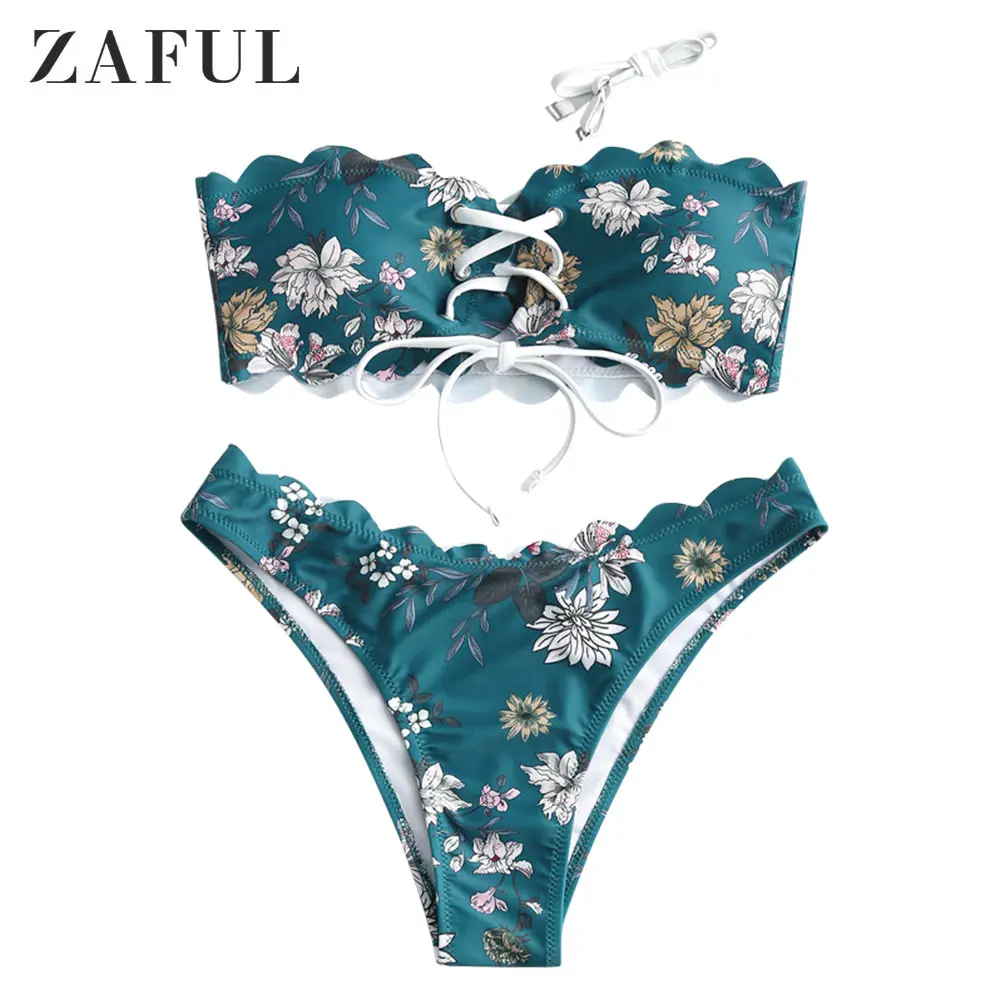 

ZAFUL Floral Lace-up Scalloped Bandeau Bikini Swimsuit Padded Wire Free Strapless Female Swimsuit High Cut Bathing Swimwear