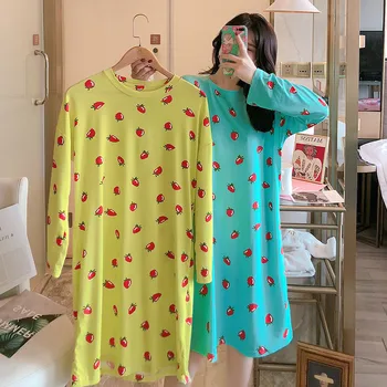 

Cartoon cute strawberry print spring and summer long-sleeved comfortable nightdress sweet hedging loose nightdress home service