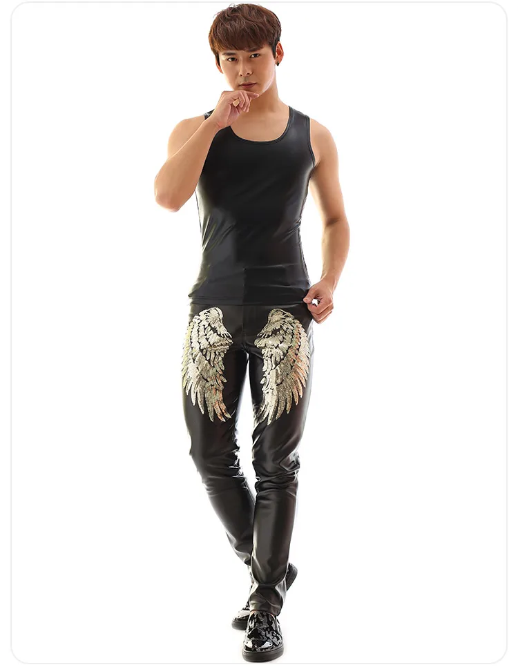 Новые мужские танцевальные брюки костюм для ночного клуба черные кожаные брюки с рисунком крыла бар DS GoGo танцоры DJ костюм сценический костюм BL2102