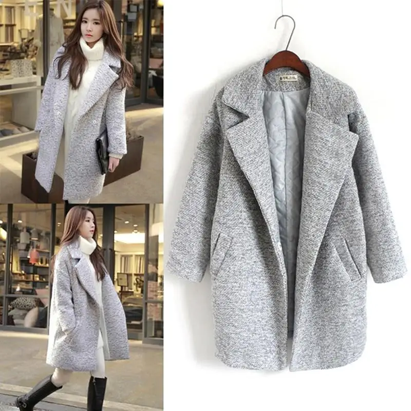 

2019 Women Autumn Winter Elegant Wool Blends Coat Turn-Down Collar Long Cashmere Coats Female Loose Grey Outerwear