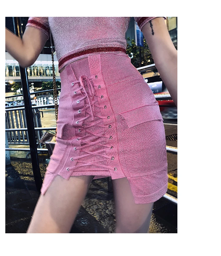 Необычные вязаные розовые женские юбки на шнуровке, короткая облегающая юбка с высокой талией, Falda Mujer, сексуальная юбка-карандаш на весну и осень