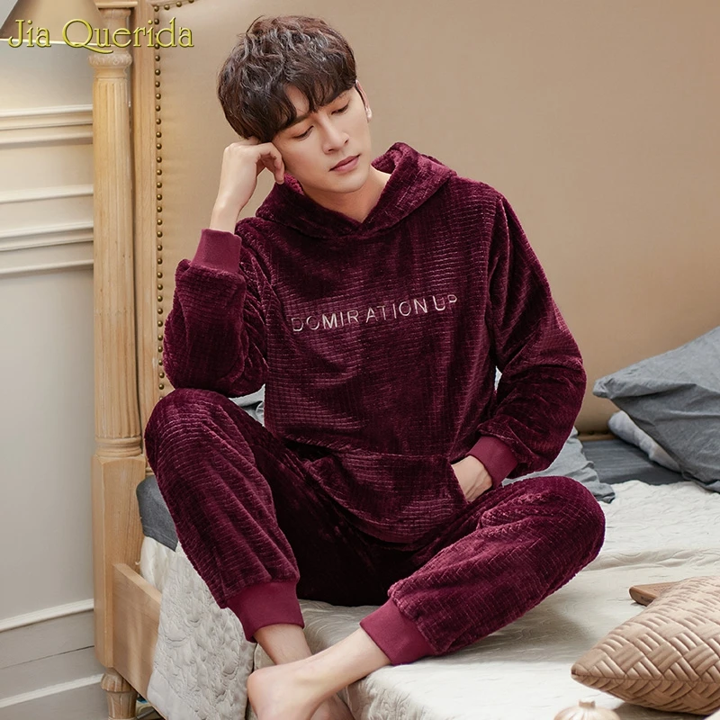 

Hood Pajamas Men Sweatshirt Sports Style Flannel Pajamas Sleeping Suits for Men Letter Embroidery Winter Warm Pyjamas Men Suits