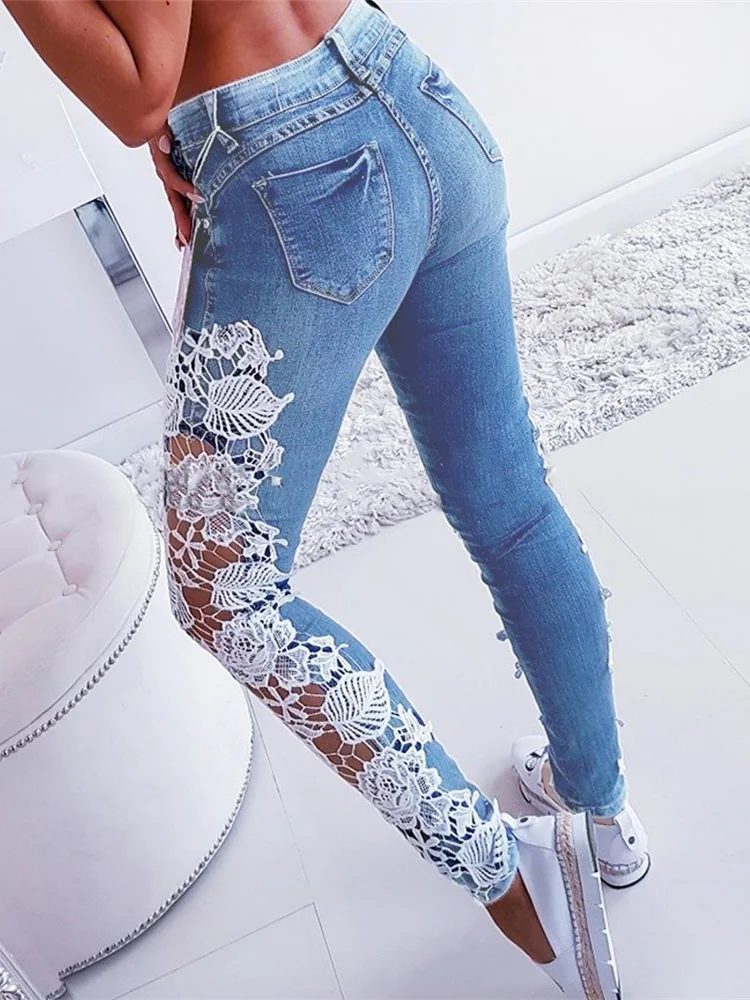 Плюс размер 3XL кружевное с цветочными мотивами выдалбливают джинсы осенние женские элегантные сексуальные джинсовые облегающие джинсы