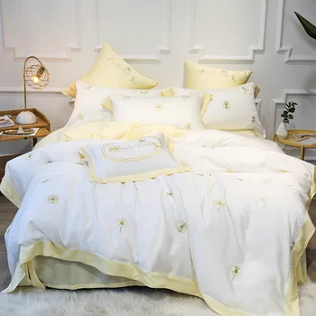 

Little Daisy Embroidered 60 Lenzing Tencel Four-piece Set Simple Hipster Contrast Color Bedding Article Summer Bare Sleeping