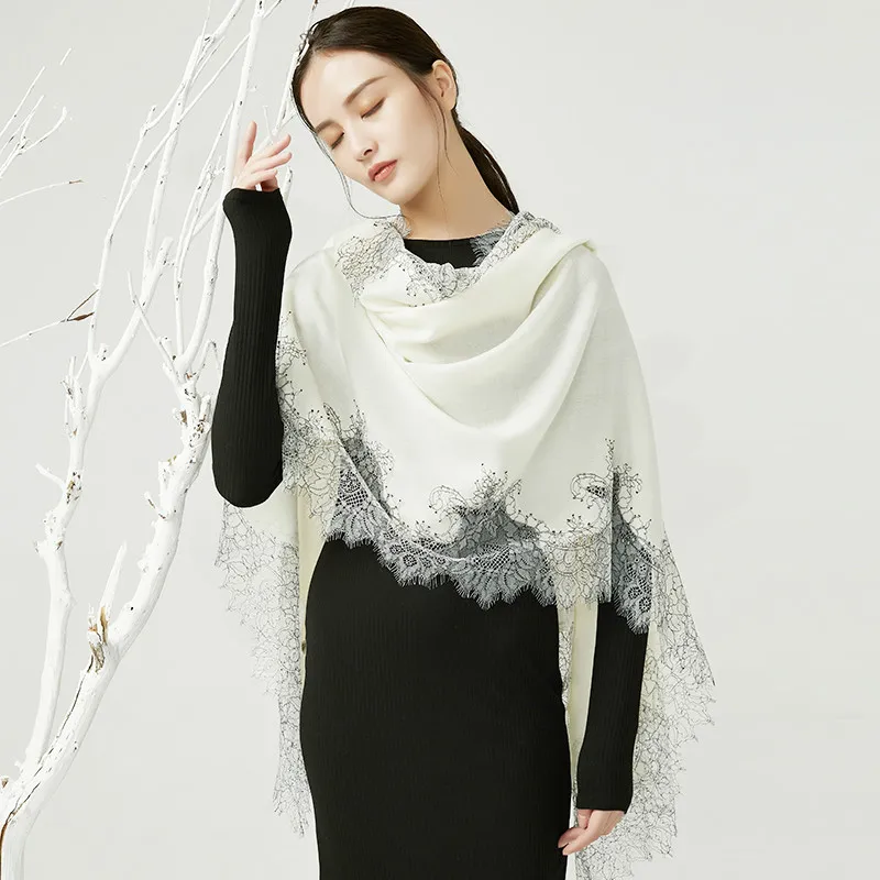 

Chinese Hand Embassy Autumn and Winter Soft Wool Scarf Lace Lace Women's Long Warm Fashion Cheongsam Shawl Women Dual-Use Gift