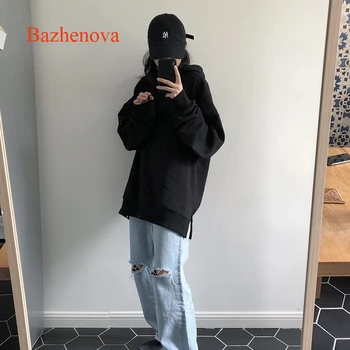 

Bazhenova Women Hooded Sweatshirt Girls Loose Solid Color All-match Autumn Tops Woman Casual Spliced Clothes Sweatshirts R300