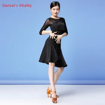 

New Women Dance Clothes Salsa Samba Wear Front Fringes Half Sleeves Spandex Mesh One-piece Latin Dresses