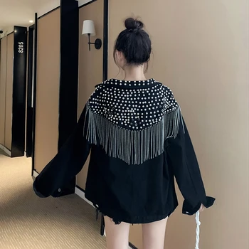 

Autumn Coat Rivet Tassel Button Decor Slim Short Wild Denim Jacket Coats Solid Colors Dark Black Blue Jeans Jakets Streetwear