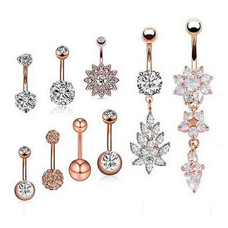 9 шт./компл. стальной пупок пирсинг сексуальный пупок пирсинг пупка кольца серьги ювелирные изделия для пирсинга тела розовое золото
