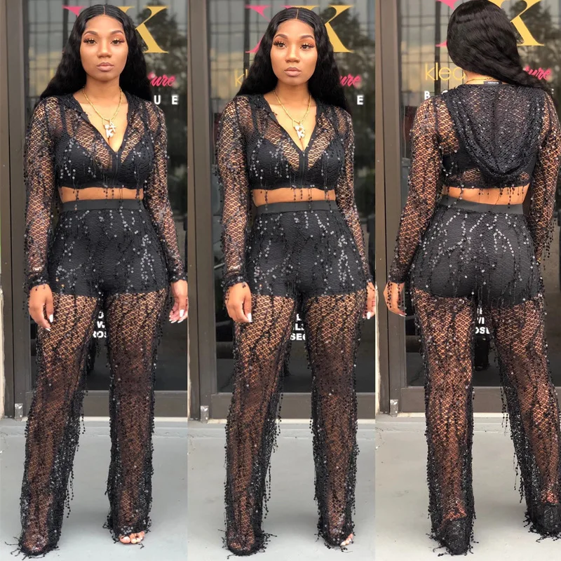 

black sexy see through long sleeve sequin two piece set two piece set top and pants women sets clothes chandal mujer