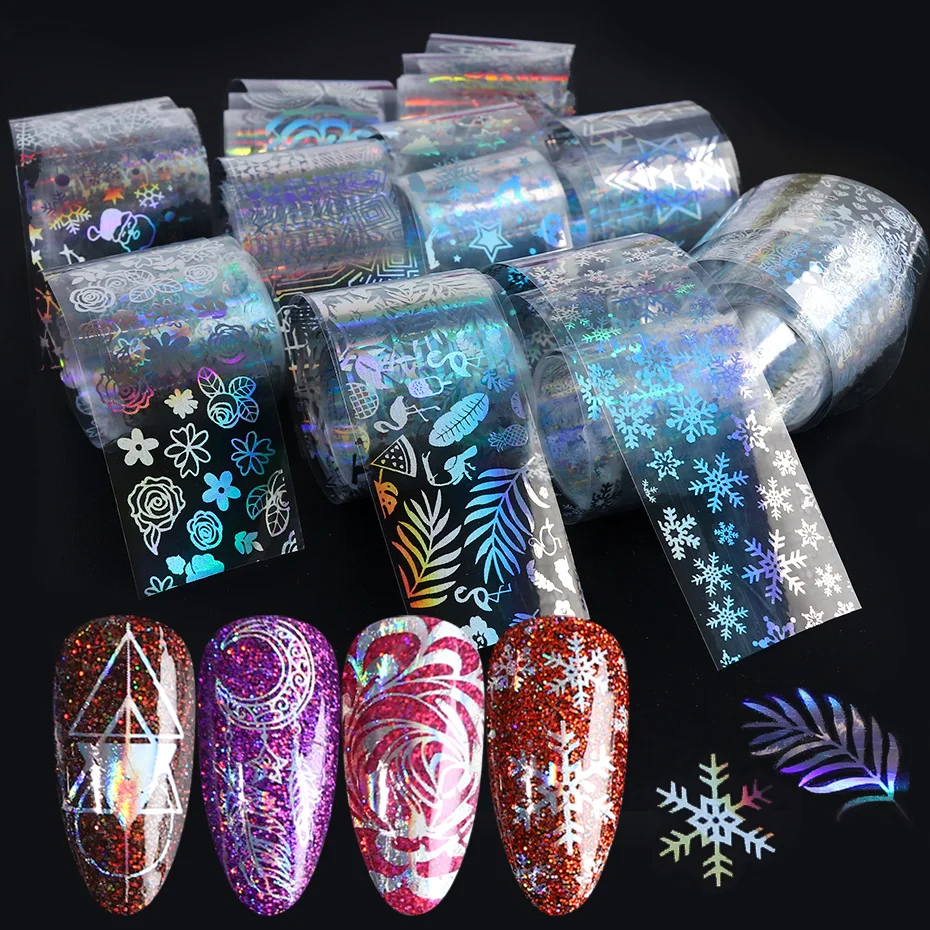 

10pcs Holographic Transfer Foils Stickers For Nails Christmas Snowflakes Flowers Decals Slider Design Nail Art Decoration TR1042