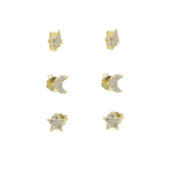 

minimalist 3pairs minimal decliate simple mini small stud earrings 925 sterling silver moon star lightning bolt cz earring sets
