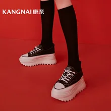 

KANGNAI Women Shoes Flat Platform Genuine Leather Vulcanize Shoes Lace-Up Thick Sole Female Casual Sneakers