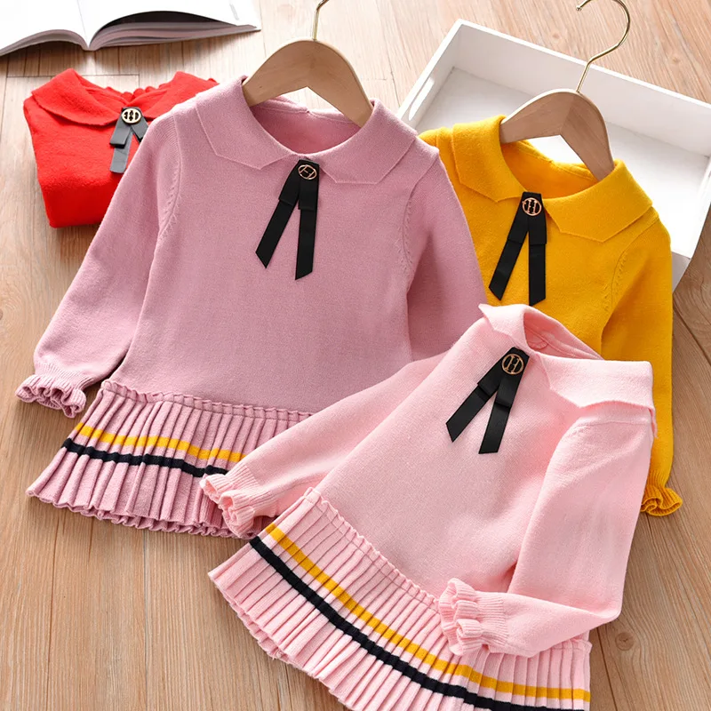 

Girl'S Sweater 2019 Autumn And Winter New Style Korean-style Childrenswear Sweater Solid Color Fold-down Collar Pleated Baby GIR