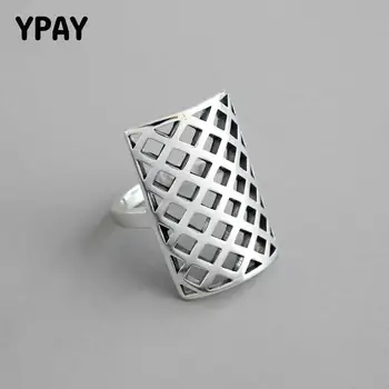 

YPAY 100% Real 925 Sterling Silver Adjustable Ring Korea Vintage Exaggerated Hollow Rhombic Lattice Open Rings for Women YMR890