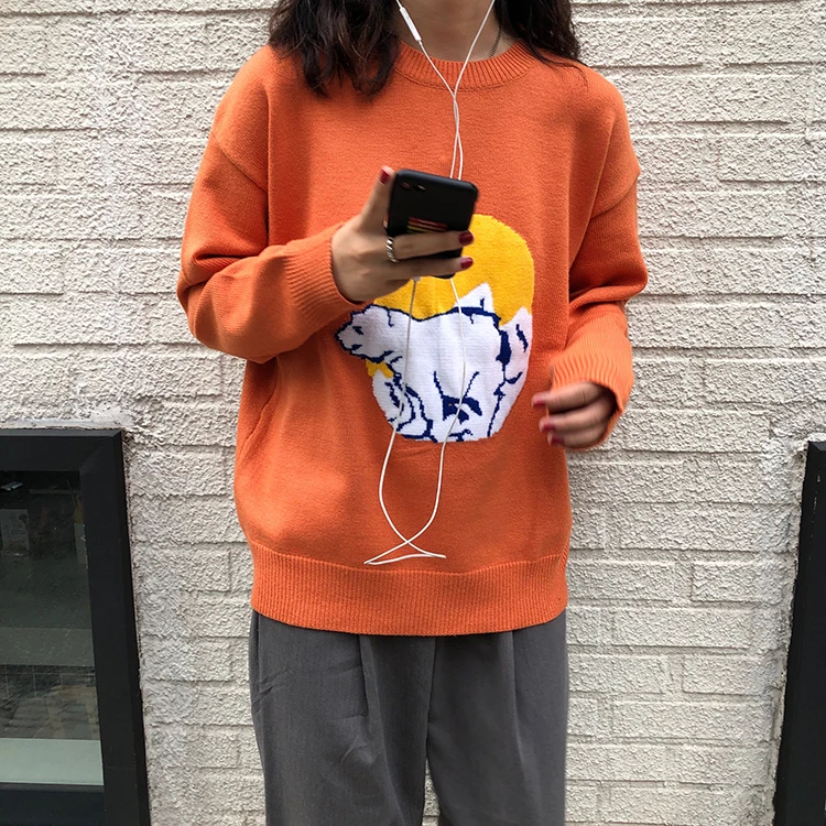 Harajuku Модный пуловер с длинными рукавами, свитер с милым мультяшным полярным медведем, вязаный женский свитер, плотный теплый повседневный свободный свитер