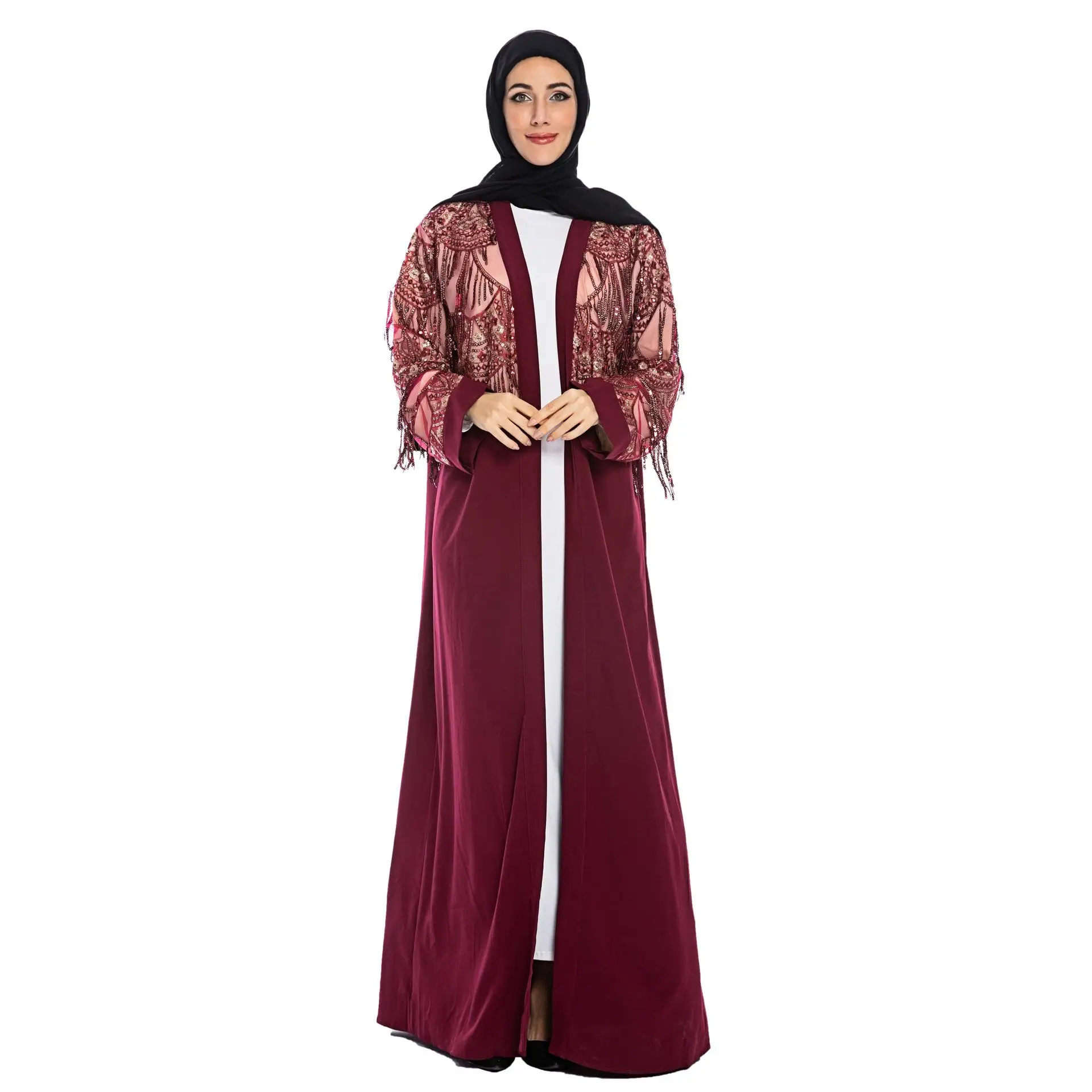 Дубай блесток кисточкой мусульманское abaya Макси платье открытый кардиган исламский джильбаб халат кимоно арабские лоскутные платья с поясом Мода