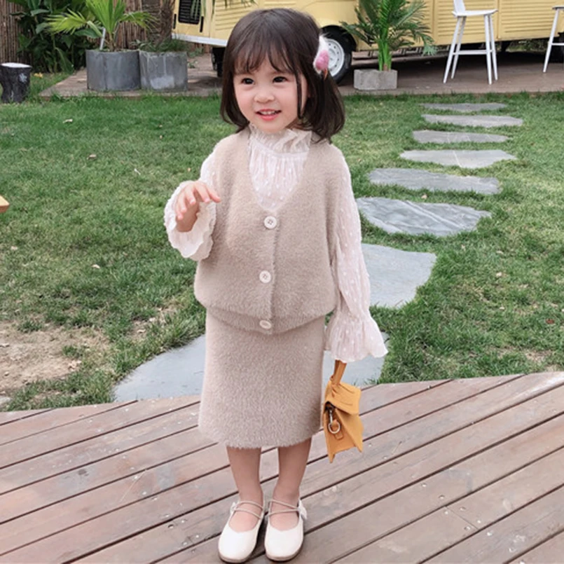 

Kids Girls Clothes Winter Children Sets Faux Fur Vest Coat+Skirt 2PCS Suits Girls Clothing Fall for 2-6 Years
