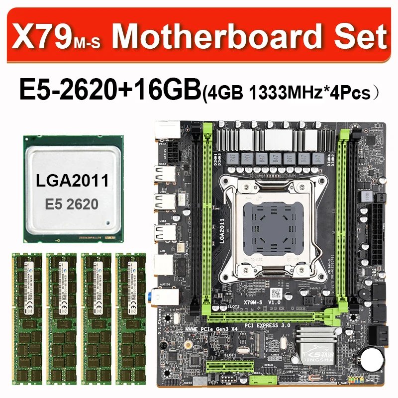 Best Price X79 X79M-S motherboard LGA2011 E5 2620 CPU 4pcs x 4GB = 16GB DDR3 1333Mhz 10600 ECC REG Memory Set M-ATX combos M.2 SSD