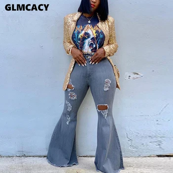 

Women Ripped Denim Flare Pants Wide Leg Women Vintage Bell-Bottoms Jeans Casual Boot-Cut Pant Female Trousers