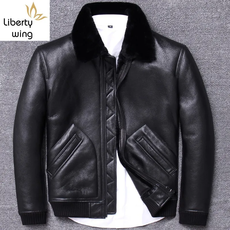 

Luxury Top Quality Sheep Shearing Mens Genuine Leather Jackets Winter Warm Smart Casual Rib Hem Slim Fit Plus Size Thick Coats